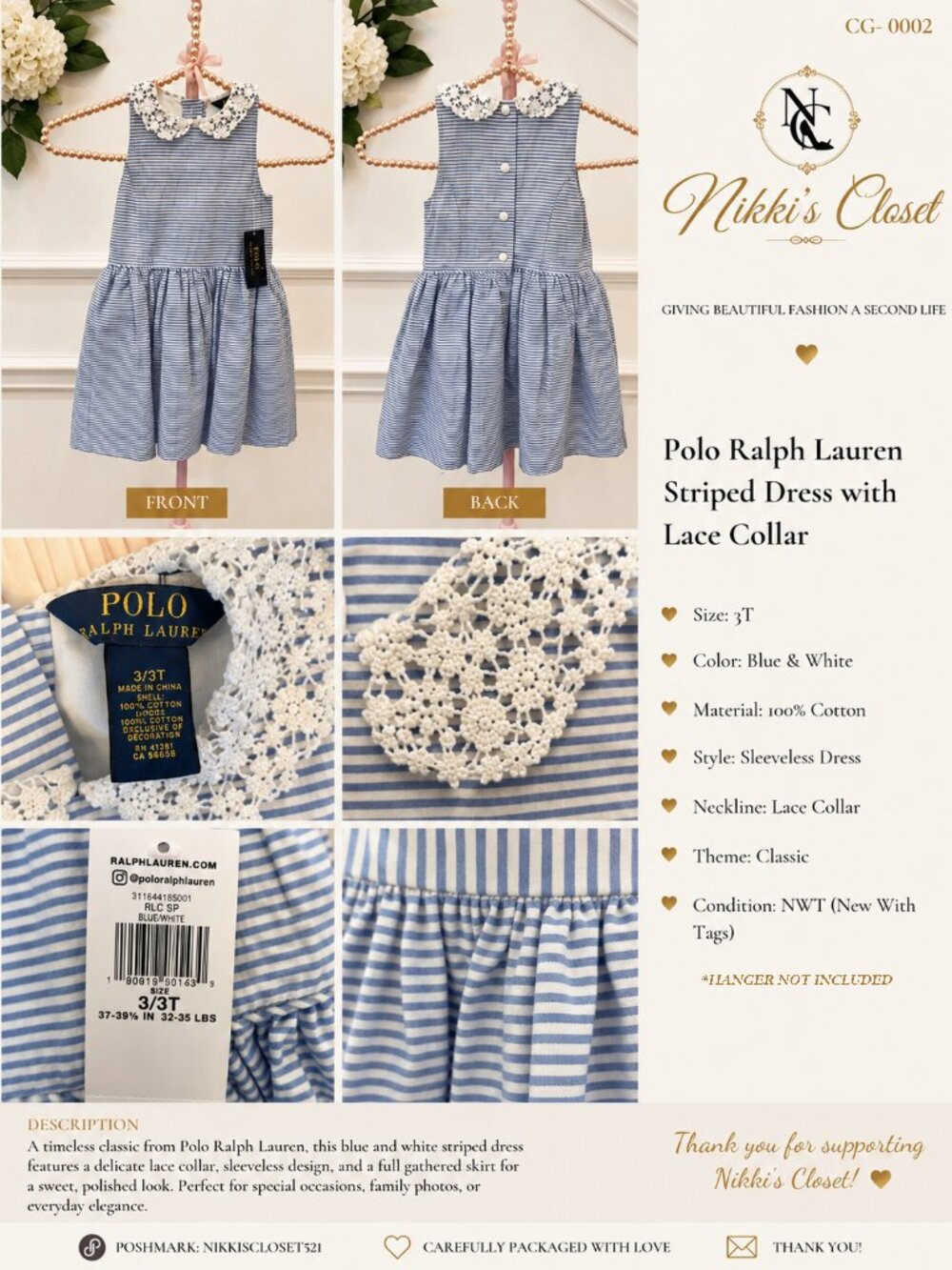 Polo Ralph Lauren Blue & White Striped Dress with Lace Collar | NWT | Girls 3T